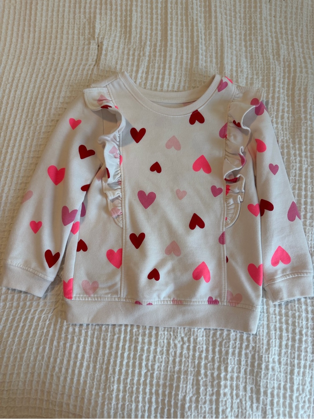 Cat & Jack White Sweatshirt with Pink and Red Heart Print and Ruffle Trim